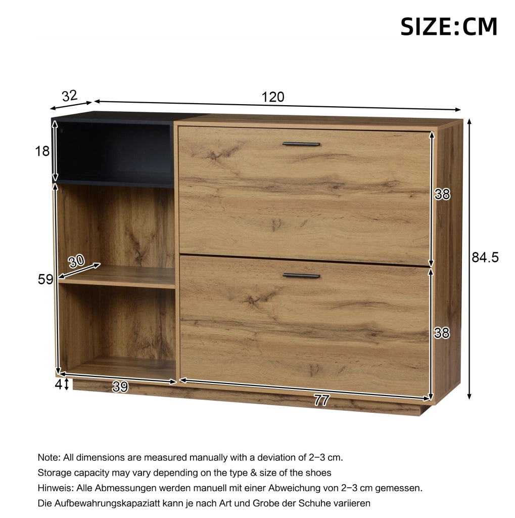 Scarpiera in MDF con 3 vani aperti e 2 scomparti a ribalta; 120 ¡Á 32 ¡Á 84;5 cm; naturale e nero