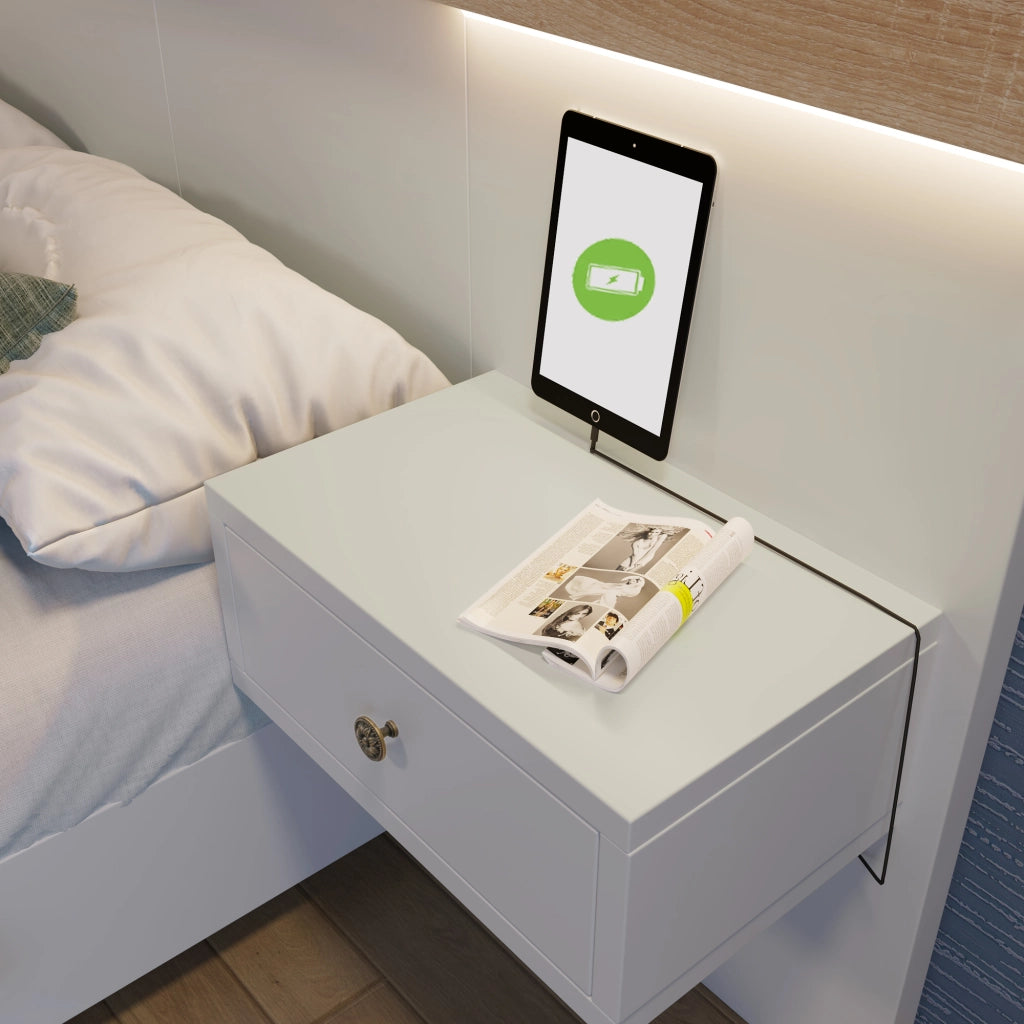 Letto matrimoniale in legno 140x200 cm con 2 comodini LED e presa USB C - 205x244x90,5 cm (L/B/H) Rovere Sonoma/Bianco (Senza materasso)