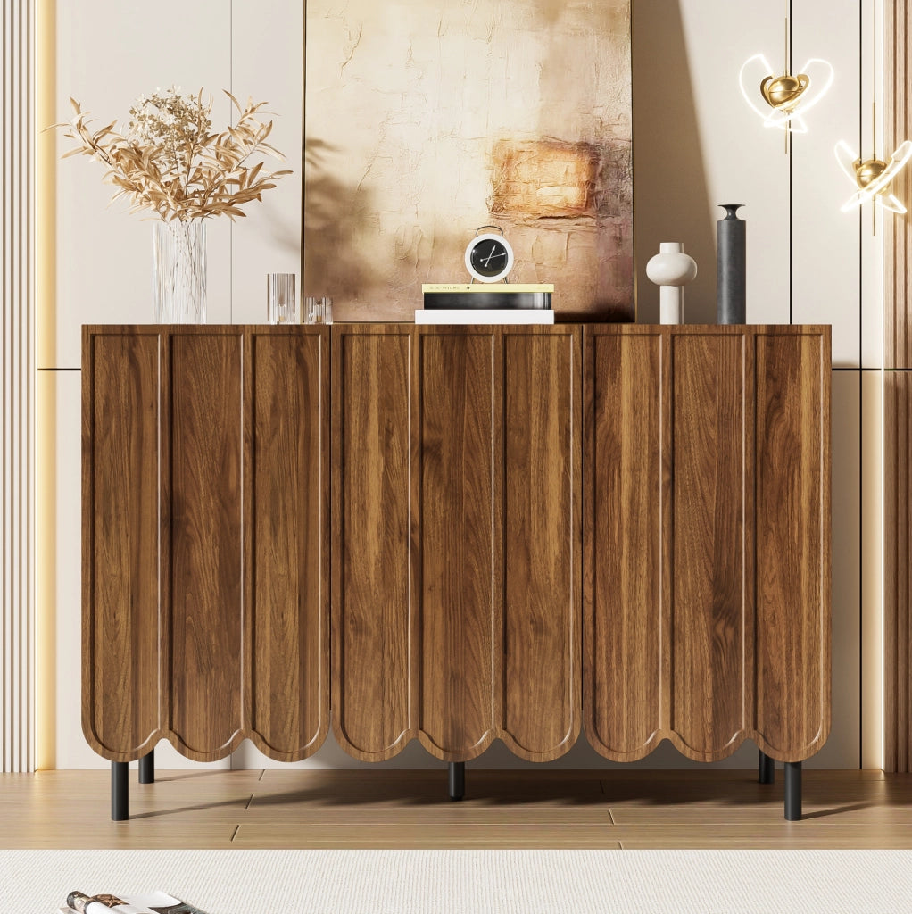 Sideboard moderno color noce con ante a onde e ripiani regolabili 120x35x80 cm senza maniglie