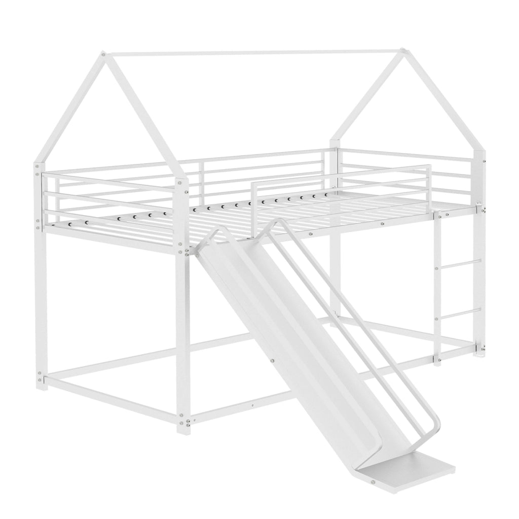 Letto a castello per bambini con scivolo design casetta in ferro bianco