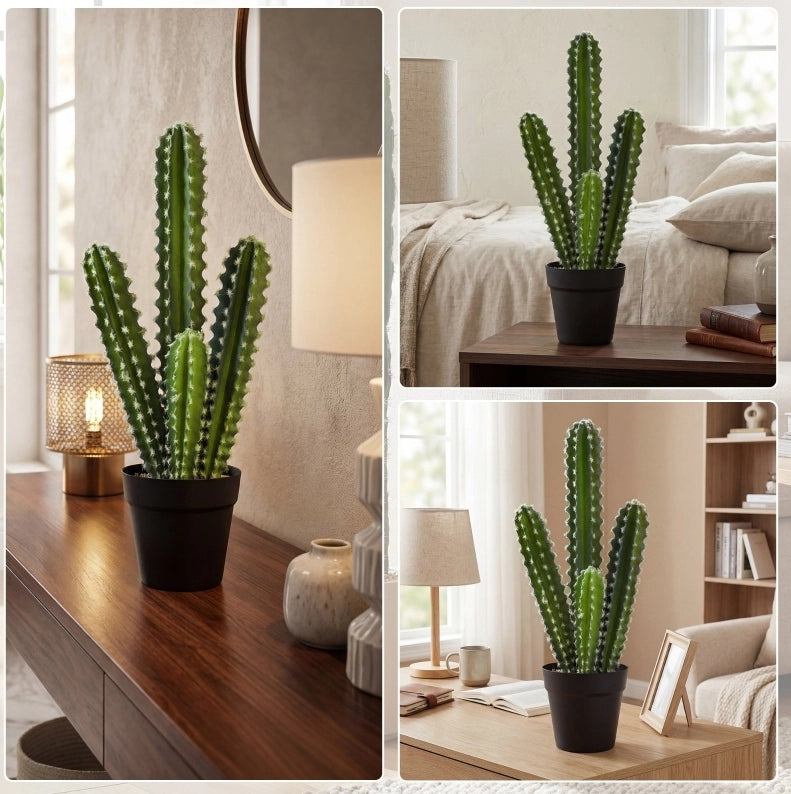 Pianta artificiale cactus ULEVR 53 cm in plastica verde con vaso decorativo per casa e ufficio