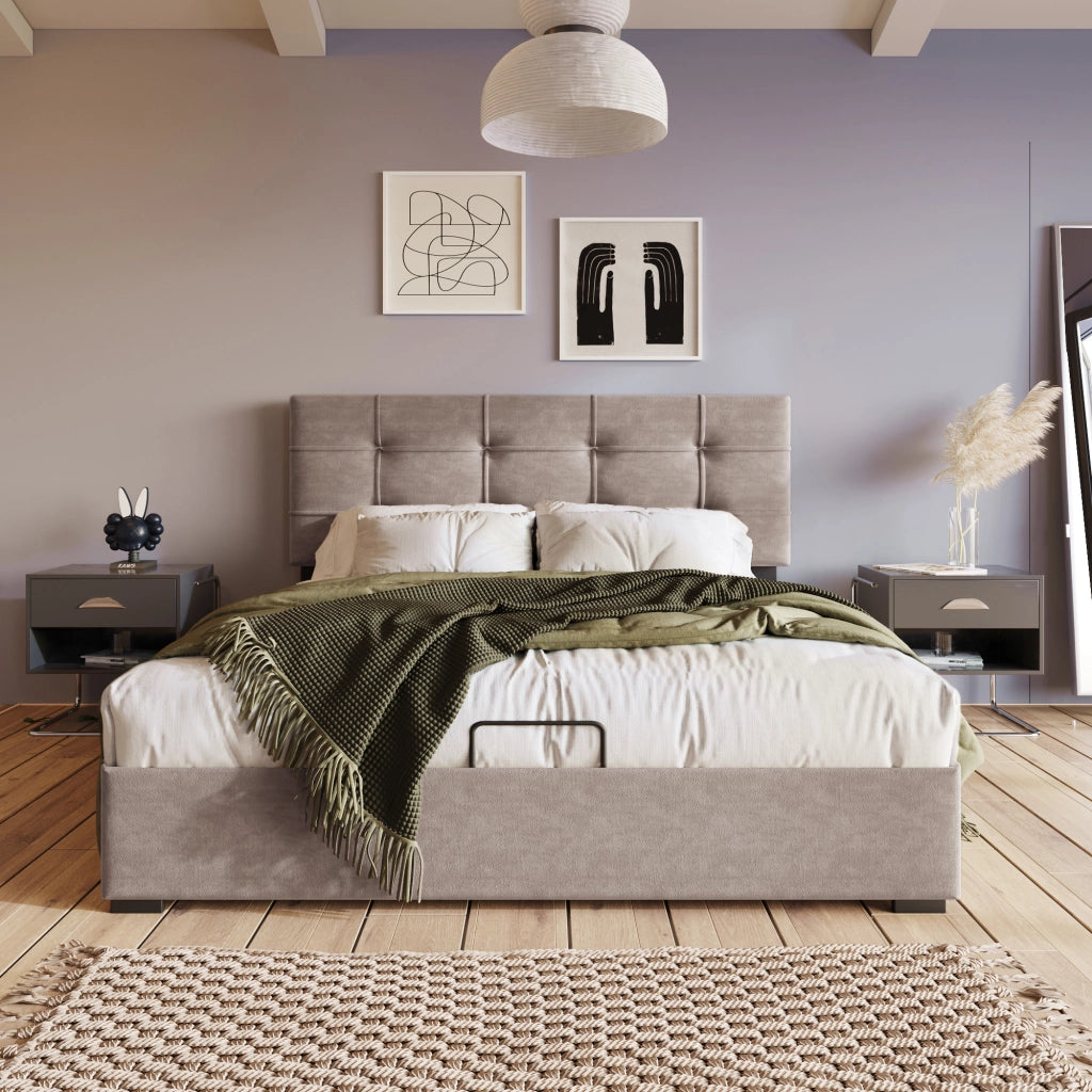 Letto matrimoniale imbottito 140 ¡Á 200 cm con contenitore testiera regolabile in velluto grigio chiaro