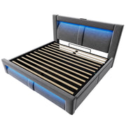 Letto contenitore 160x200 con testiera curva; LED e ricarica USB-C; velluto grigio