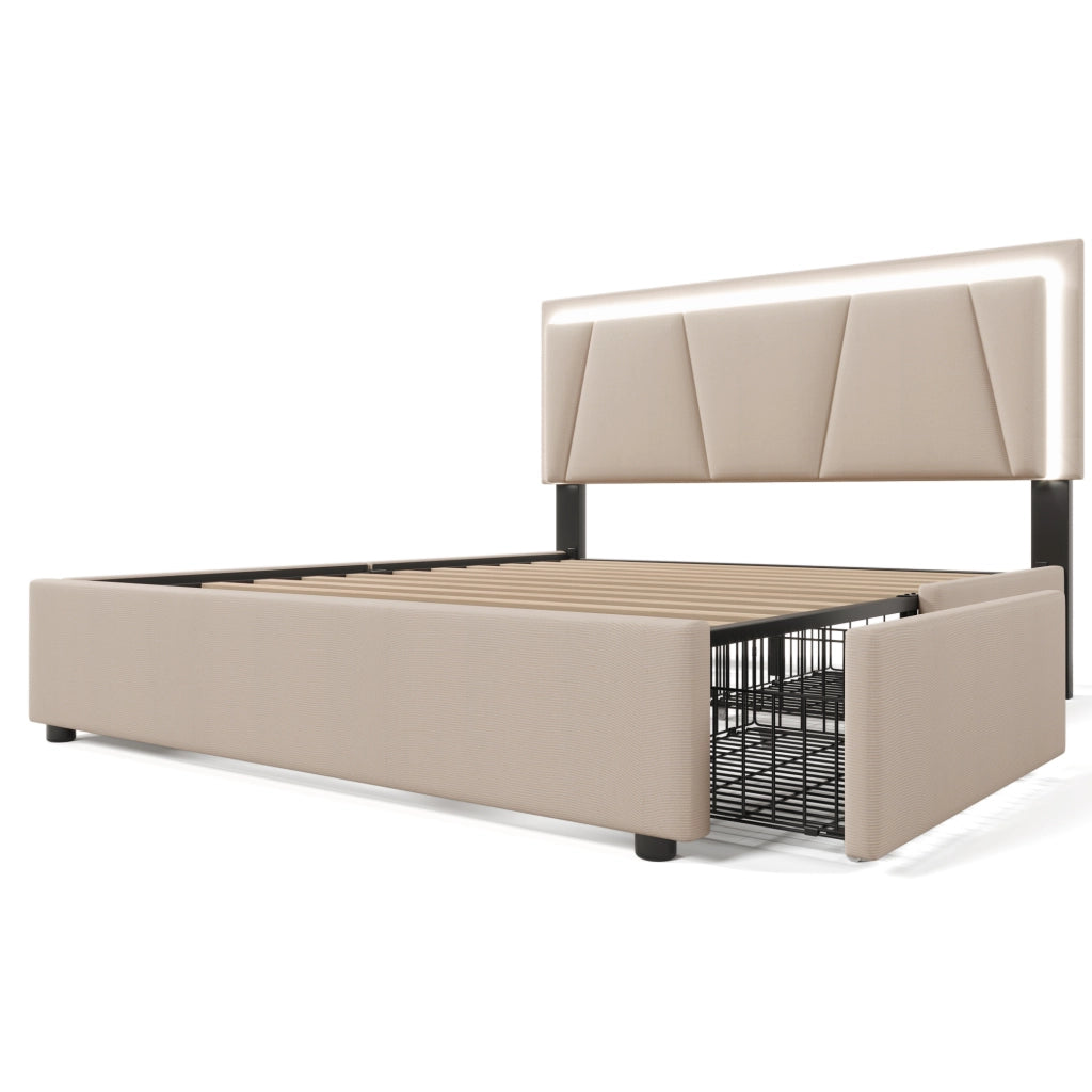 Letto matrimoniale 140 × 200 cm con 4 cassetti, LED regolabile e testiera regolabile, senza materasso, beige