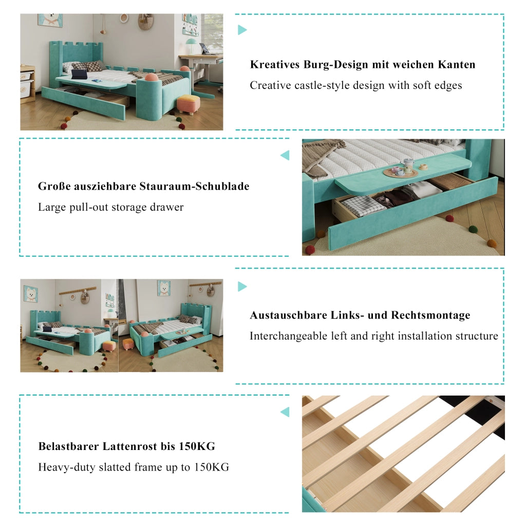 Letto singolo imbottito per bambini 90 × 200 cm con ripiano pieghevole cassetto contenitore velluto blu verde