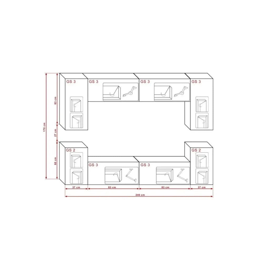 Set di mobili da soggiorno neri sospesi collezione CEPTO I 240cm, 8 porte, 6 scaffali, led