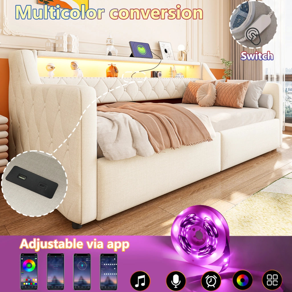 Letto contenitore 90 × 200 cm con vano idraulico LED; testiera sospesa USB e USB-C; lino e MDF beige