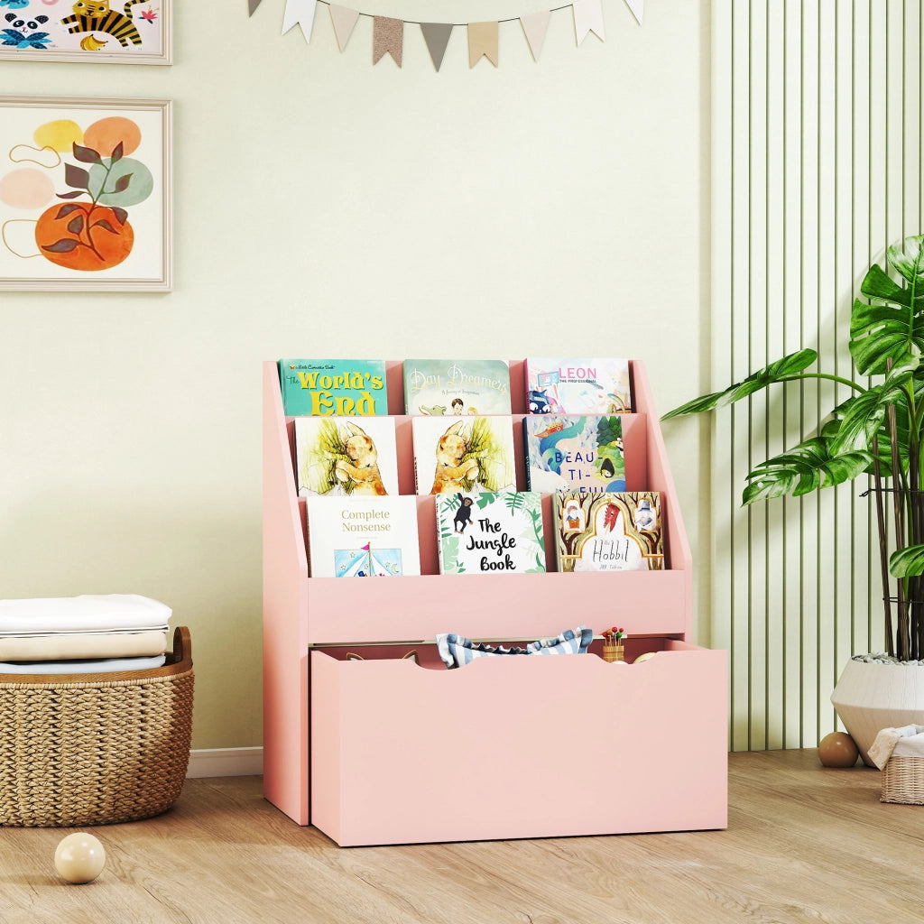 Libreria per Bambini Rosa Mobile Portaoggetti con 3 Ripiani e Cassetto Salvaspazio per Cameretta 62,5 x 30 x 70 cm