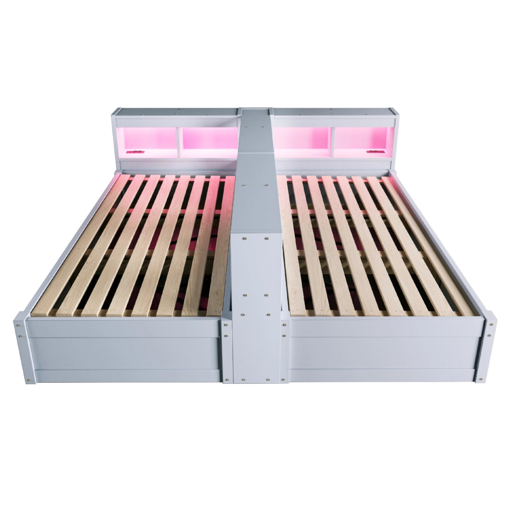 Letto Multifunzionale in Legno Massello 90/180 × 200 cm con Luci LED, Meccanismo Idraulico e Doppia Presa Euro, Grigio