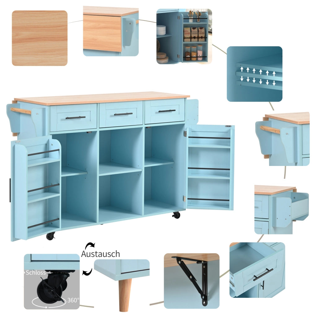 Carrello da cucina con piano pieghevole; 3 cassetti e ripiani regolabili; MDF blu 139 × 46(71) × 91.5 cm