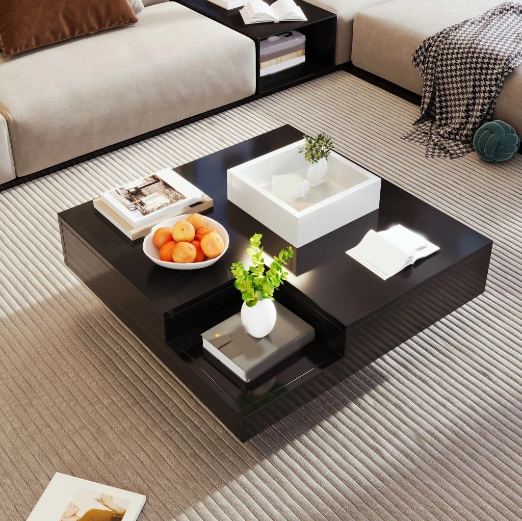 Tavolino da caffè 72x72x30 cm in truciolare nero e bianco lucido con box portaoggetti e LED