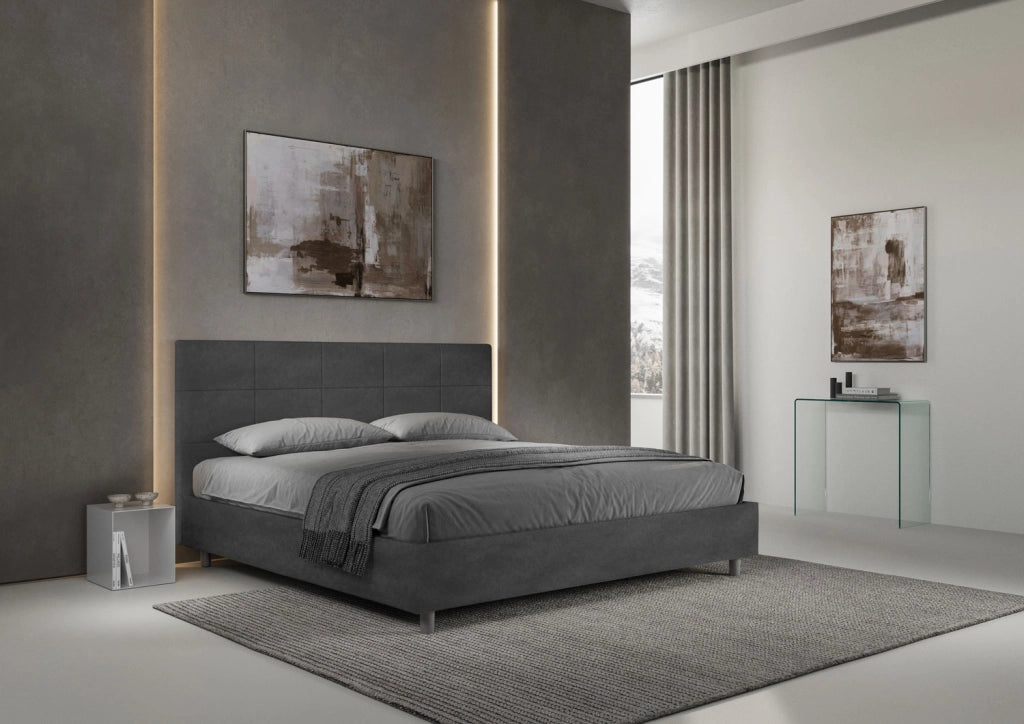 BS COM Letto matrimoniale king size senza rete imbottito 180x200 microfibra grigio