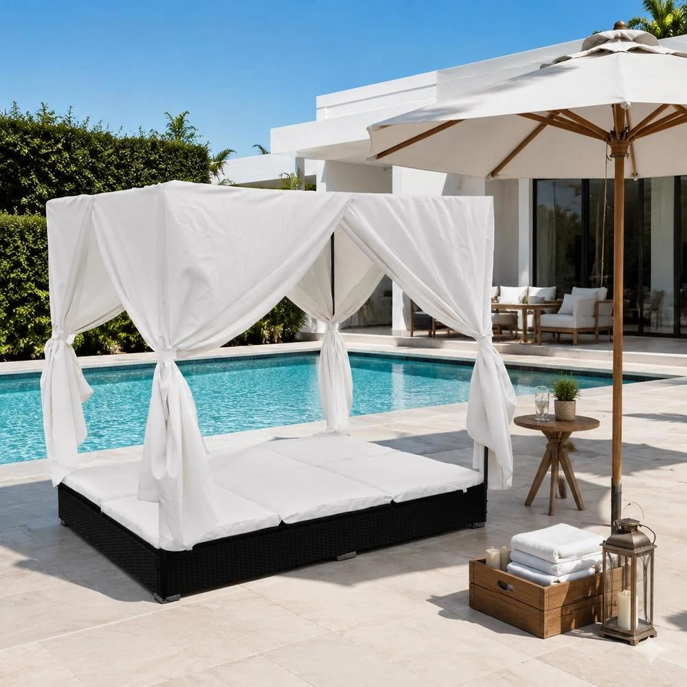 Outdoor Lounge Bed With Curtain, Poly Rattan, Black