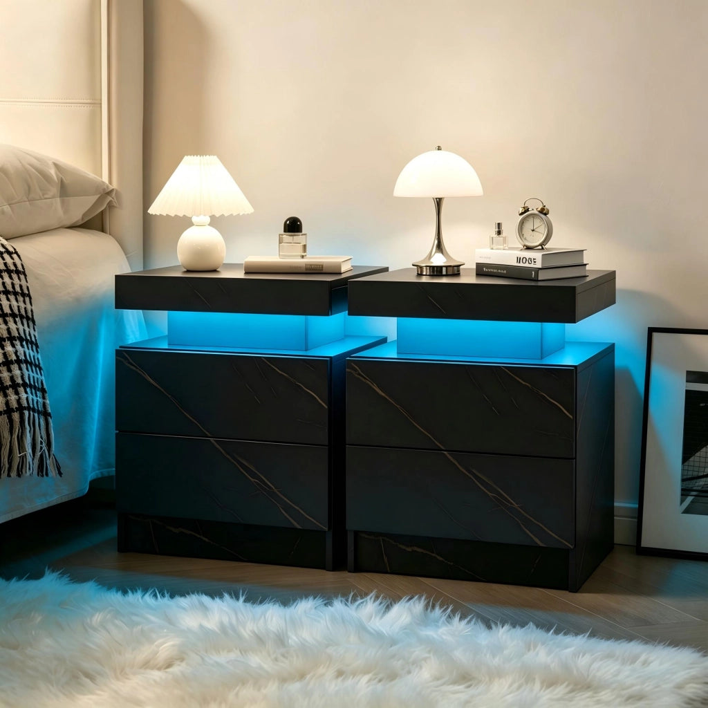 Coppia di comodini LED con 2 cassetti, luce multicolore, nero e oro