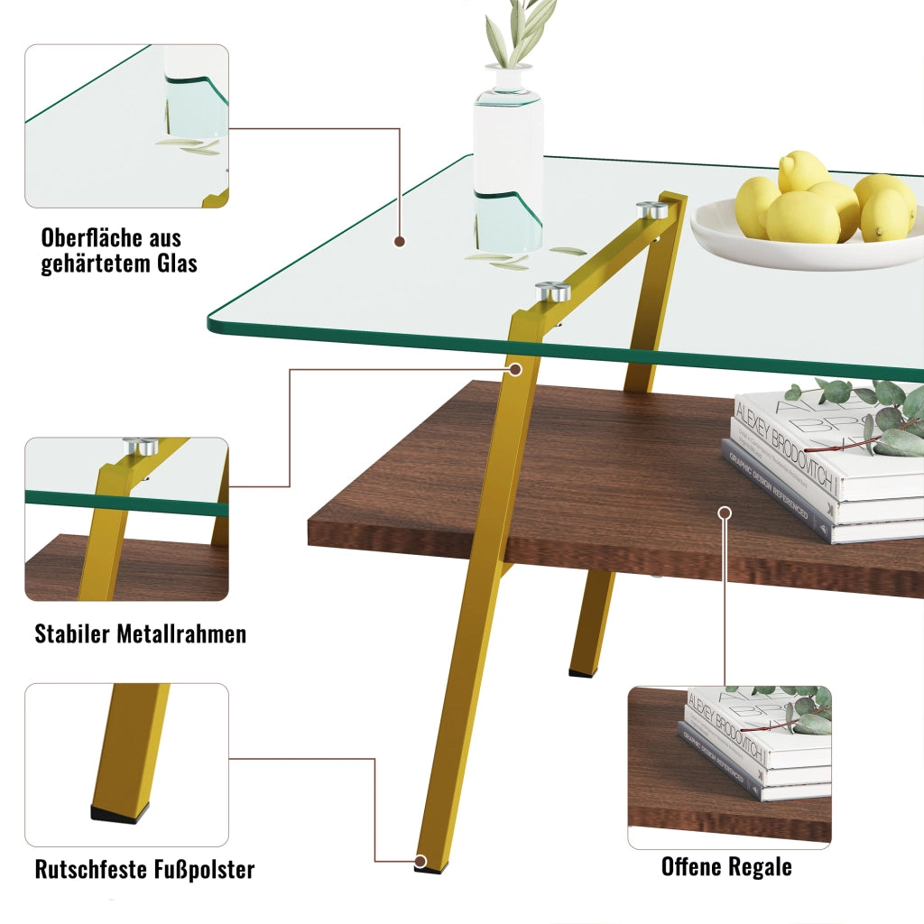 Tavolino basso fisso in vetro temperato con base in MDF e gambe in metallo oro rosa cipria 98 × 58 × 42.5 cm