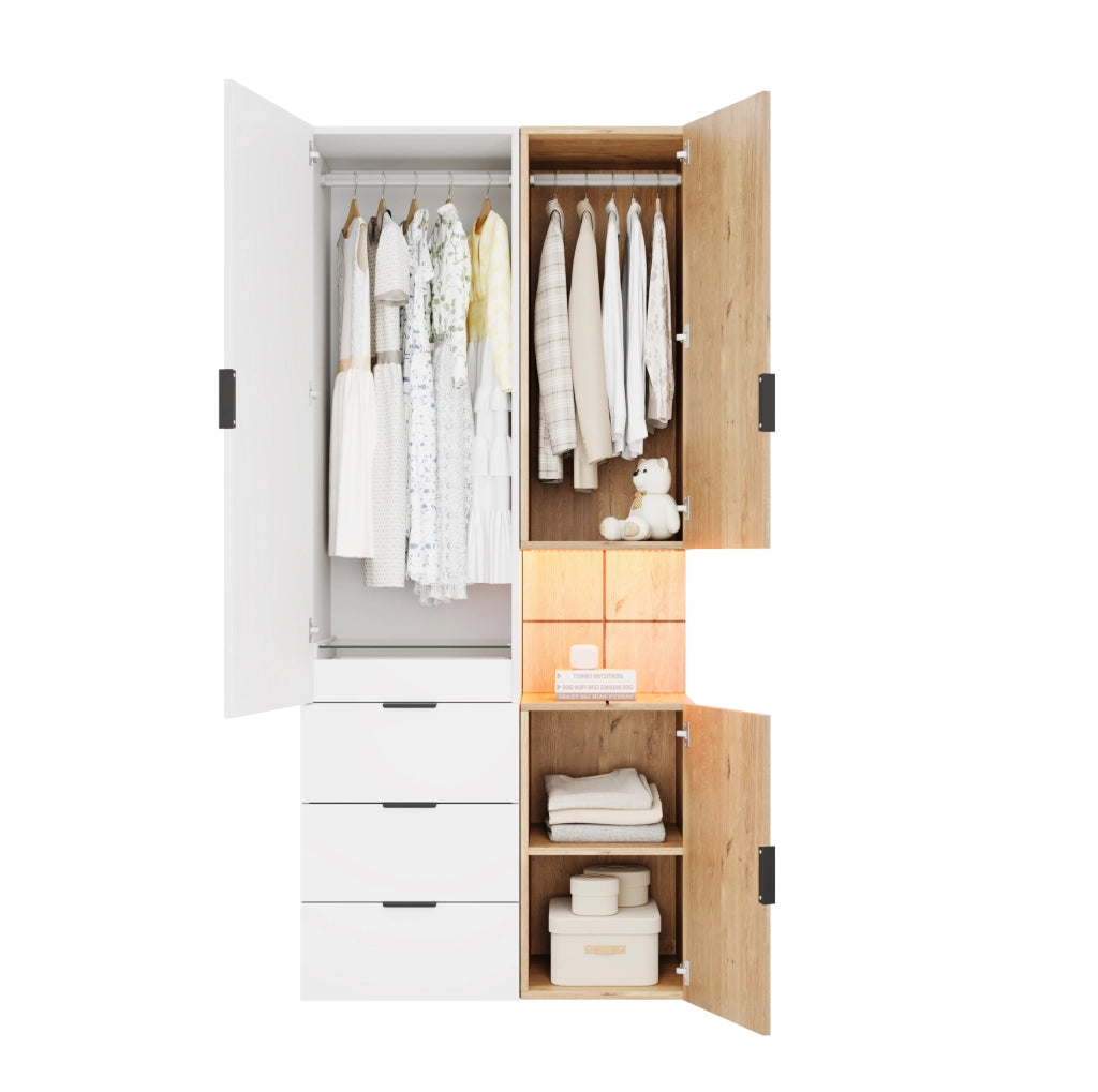 ARMADIO con LED 90x49x200 cm MDF Bianco e Rovere con 4 cassetti