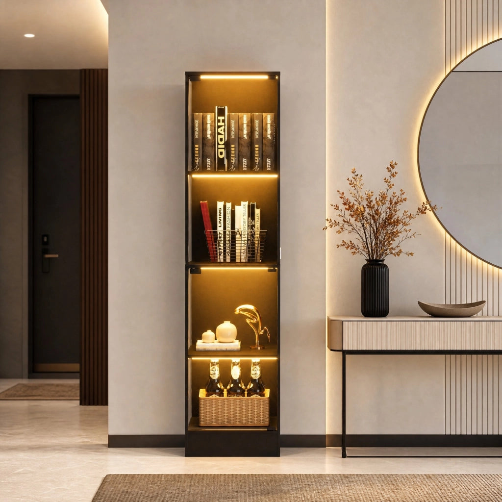 Vetrina con ante in vetro 40x35x165 cm con LED a 3 colori e sensore; effetto acacia