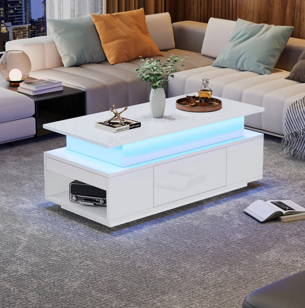Tavolino elevabile con contenitore, cassetto e luci LED, bianco