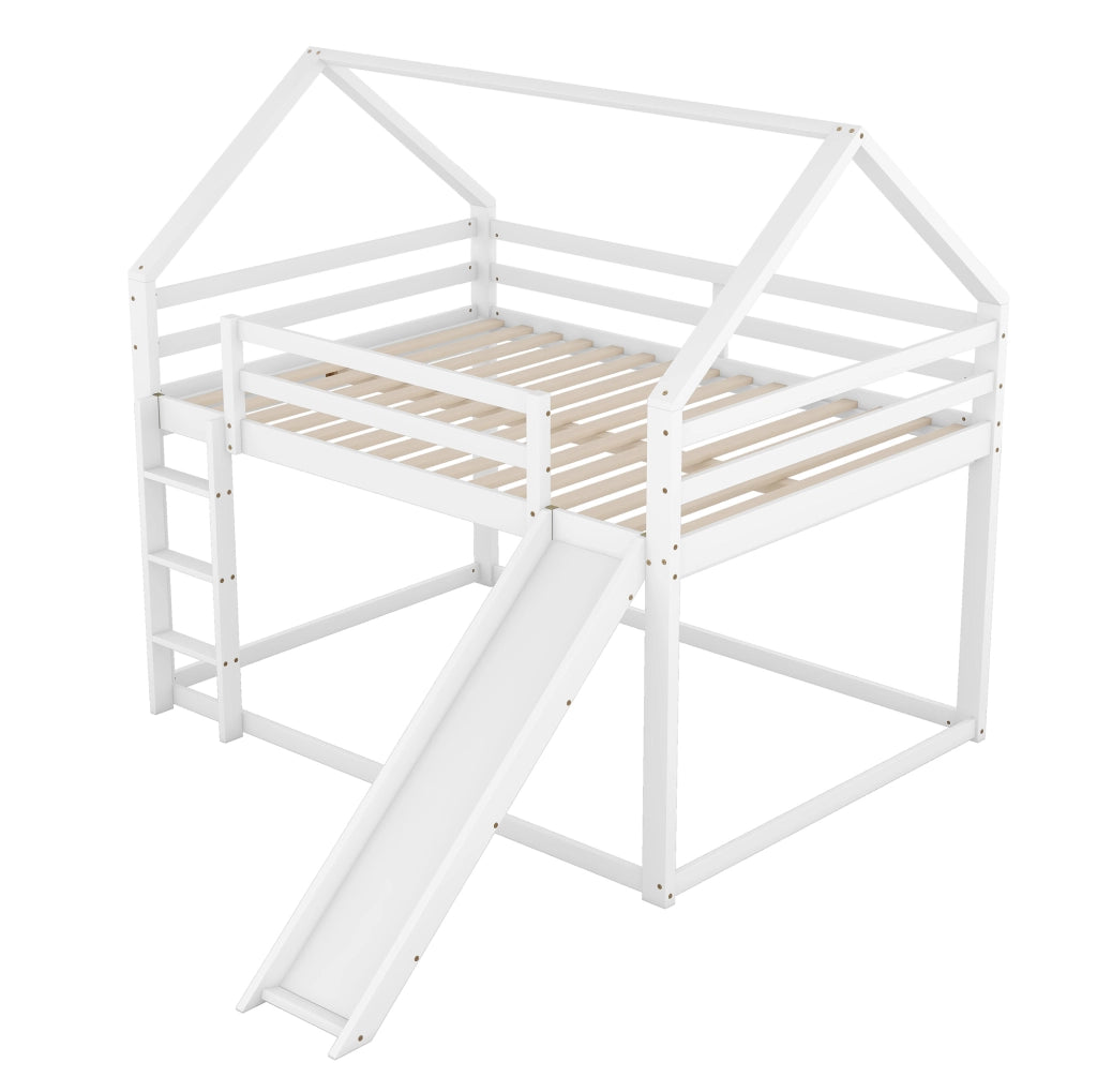 LETTO A CASTELLO A CASETTA CON SCIVOLO E SCALA 140x200 cm BIANCO