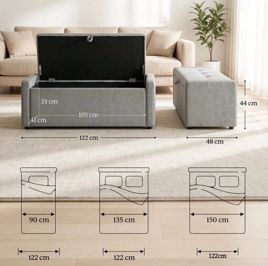 Panca contenitore moderna in lino grigio chiaro 122x48x44 cm per camera da letto