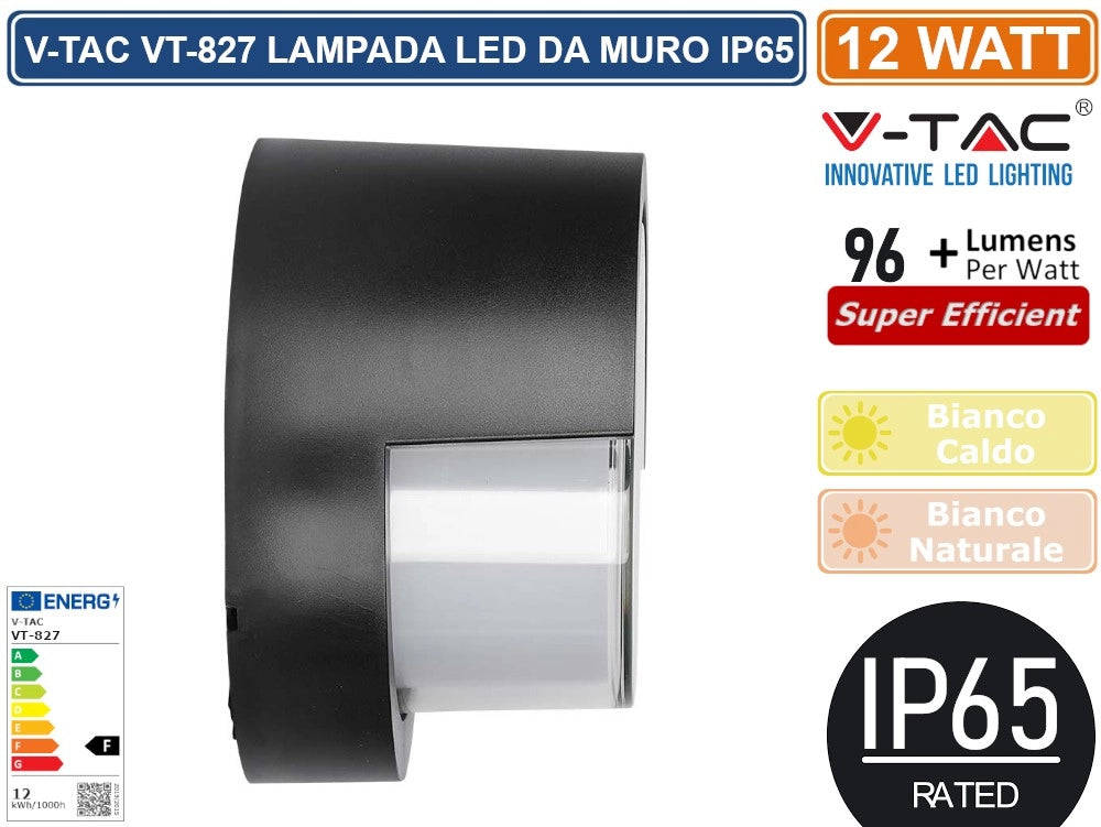 V-TAC VT-827 LAMPADA LED DA MURO 12W WALL LIGHT IP65 APPLIQUE ROTONDA COLORE NERO - Colore Luce:Bianco Caldo