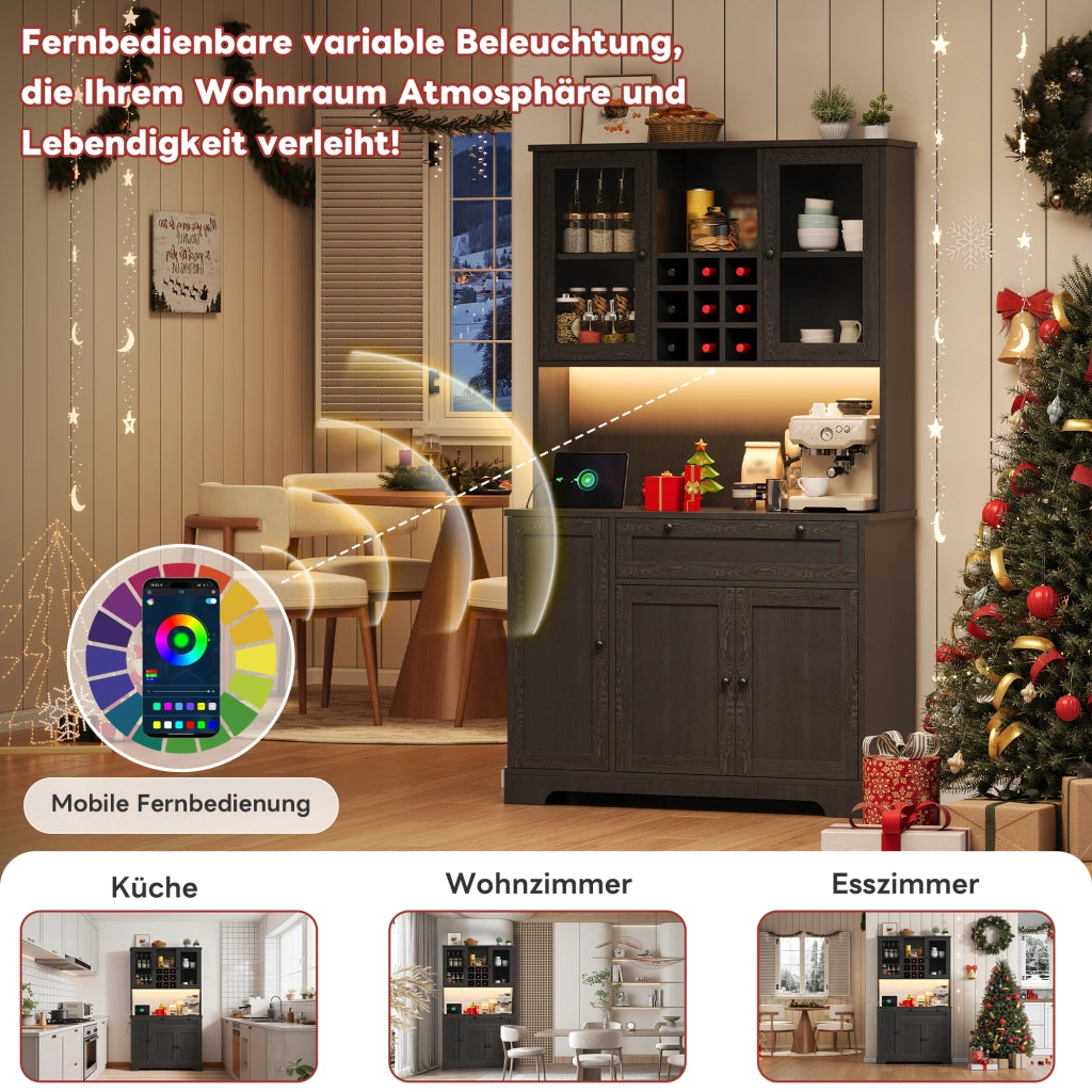 BUFFET 180x105x40 cm Nero in MDF con LED e prese USB