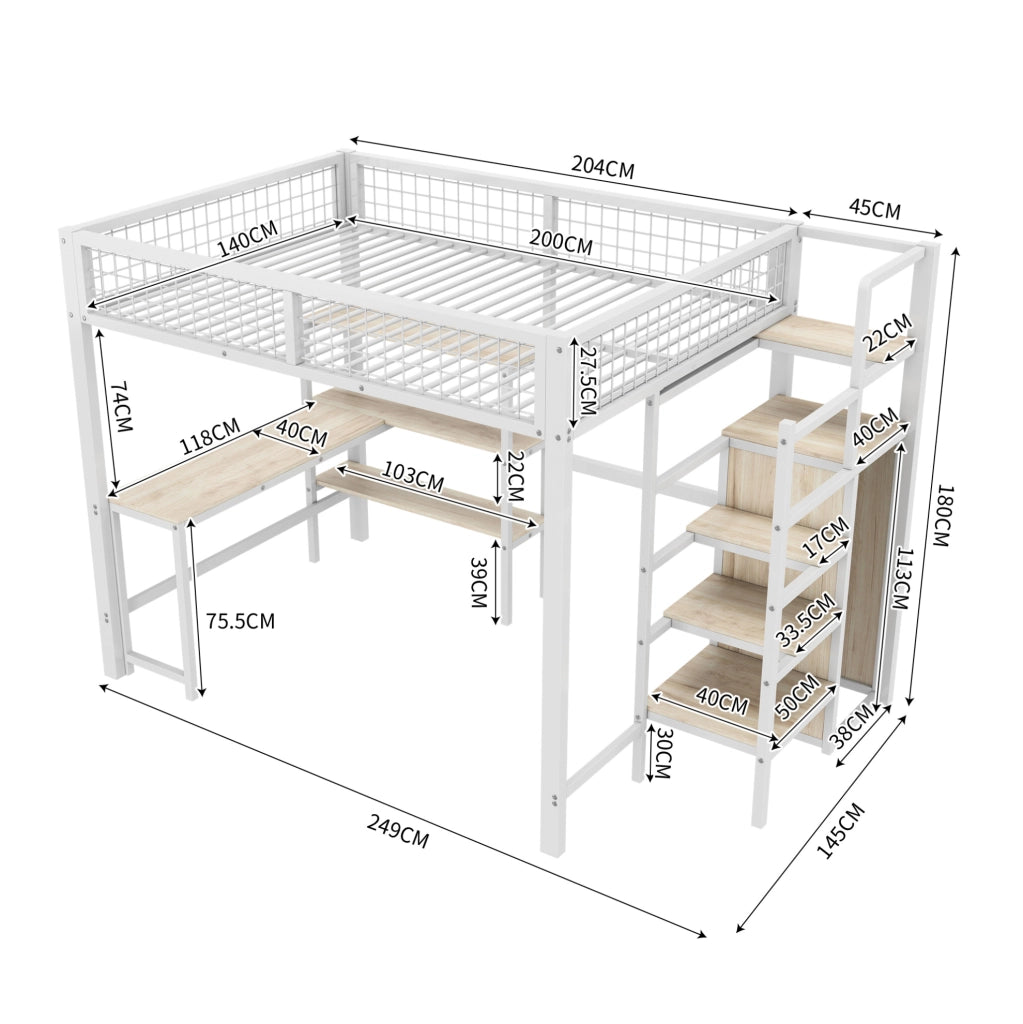 Letto a soppalco 140x200 cm con scrivania, ripiani e armadio integrato