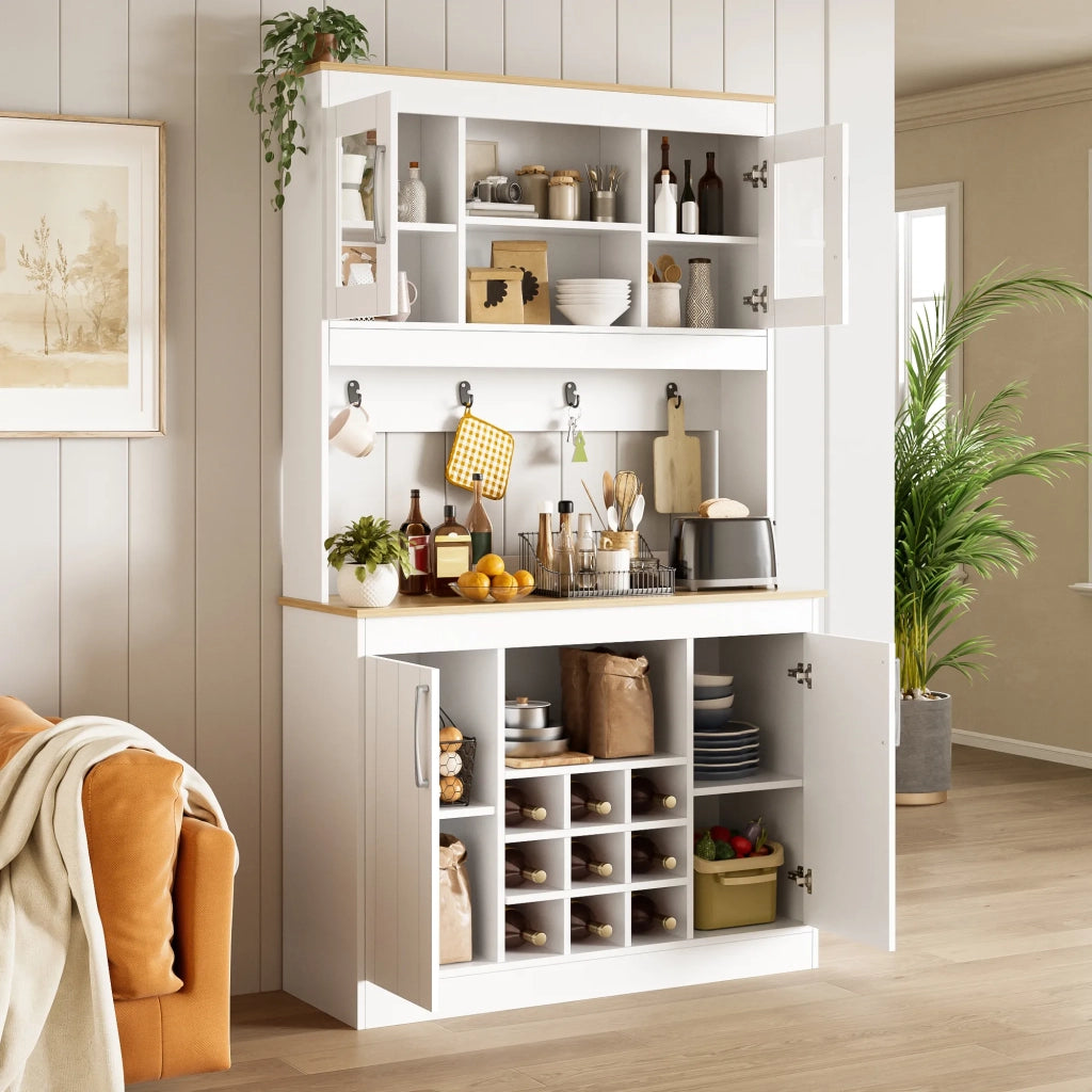 Credenza da cucina con vetrina 175 cm, mobile porta piatti con ripiano vini e appendiabiti, per cucina, sala da pranzo e soggiorno