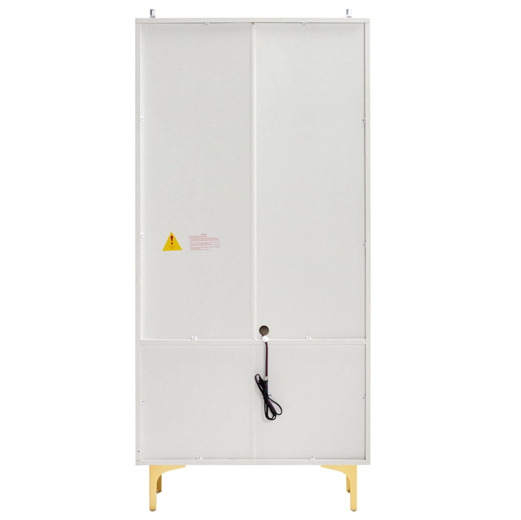 Vetrina elegante in bianco con ante in vetro tea, LED colorato e gambe dorate 70x35x150 cm