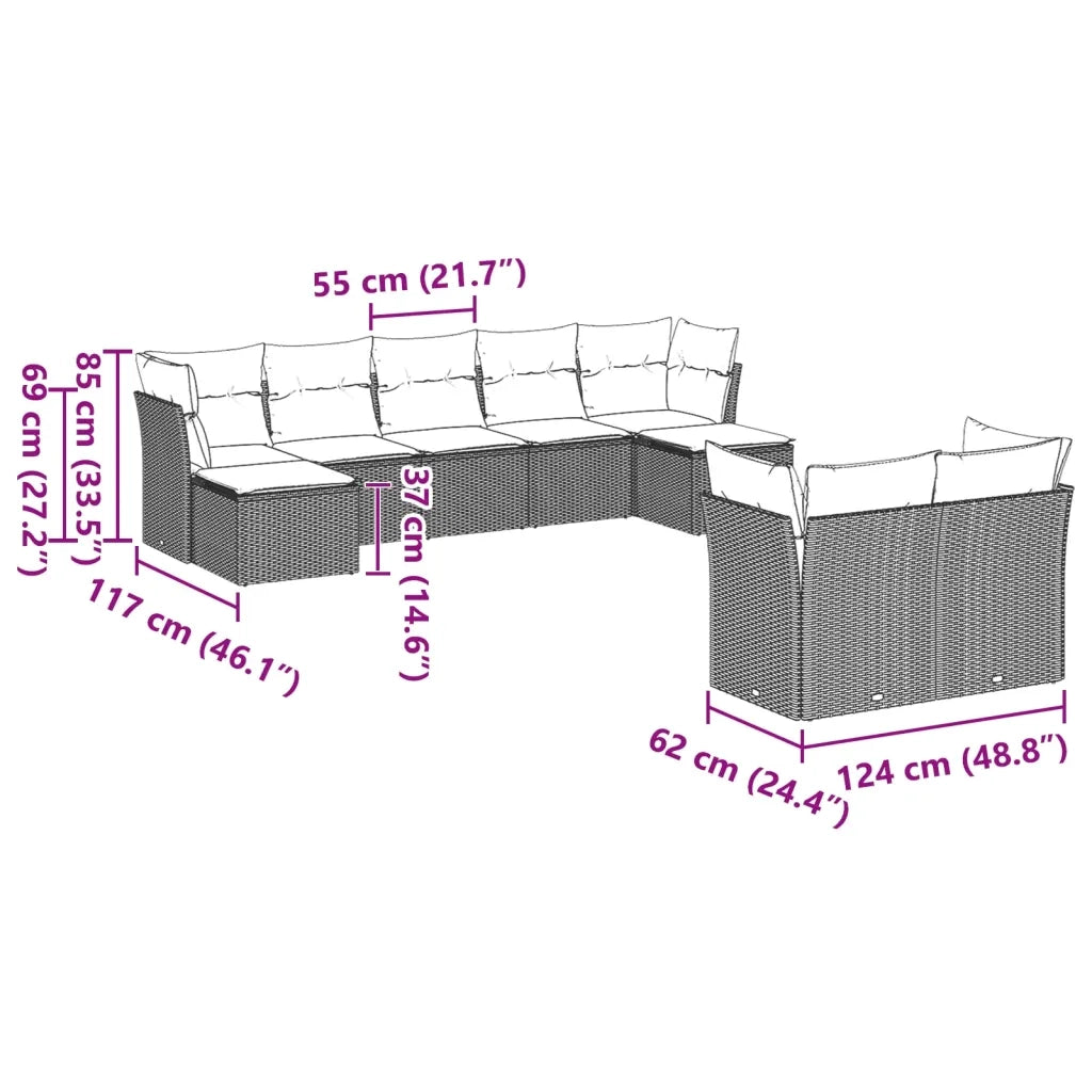 Set Divano da Giardino 9pz con Cuscini Grigio Chiaro Polyrattan