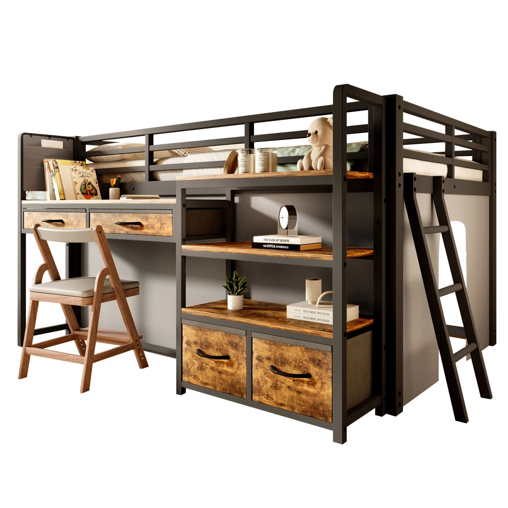 Letto a soppalco 140x200 cm con scrivania integrata; scaffali e cassetti; metallo nero