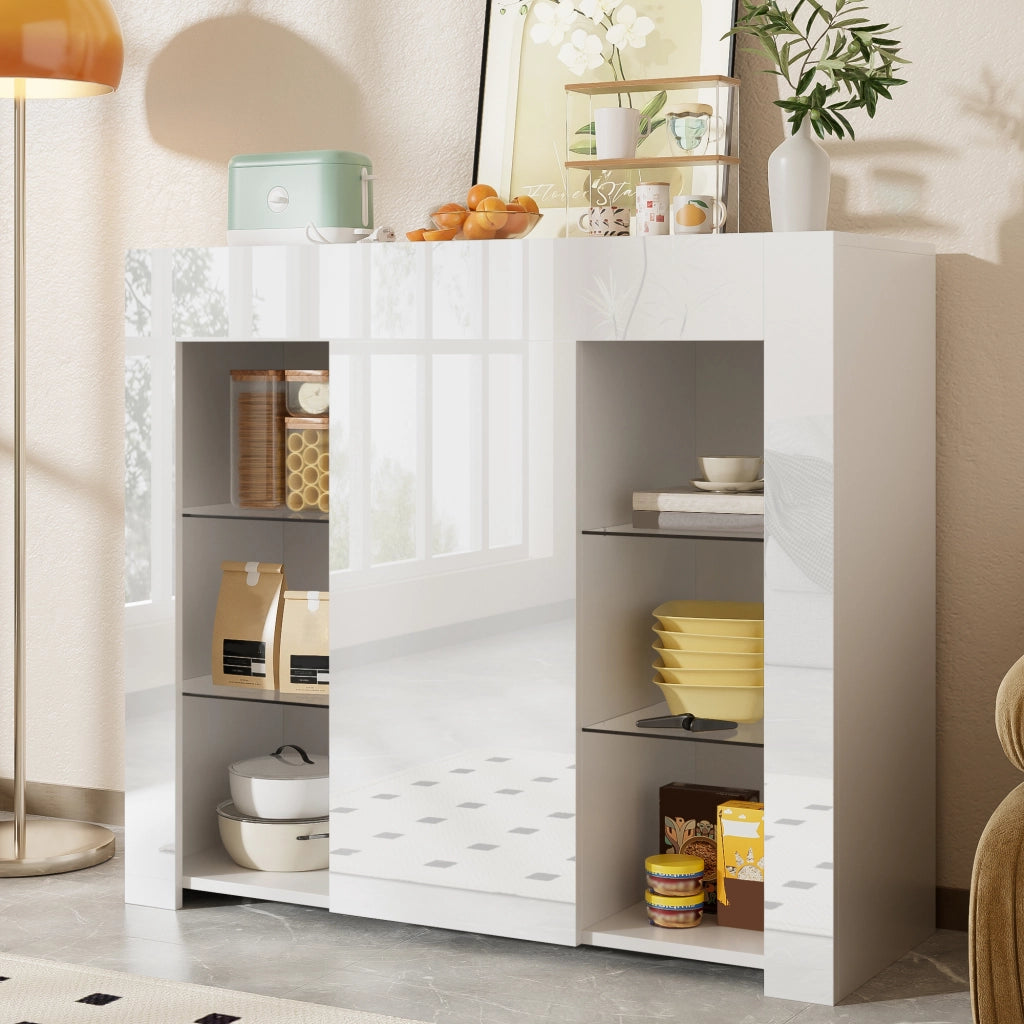 Credenza bianca compatta con frontale lucido e ripiani in vetro per soggiorno o cucina 95 × 35 × 83 cm