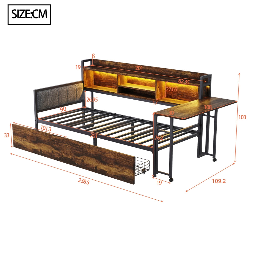 Letto singolo 90 × 200 cm con 2 cassetti; LED; scrivania estraibile e presa; senza materasso; in metallo color legno