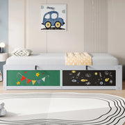 Letto Singolo in Legno 90x200 cm per Bambini Grigio con Contenitore Idraulico e Lavagna