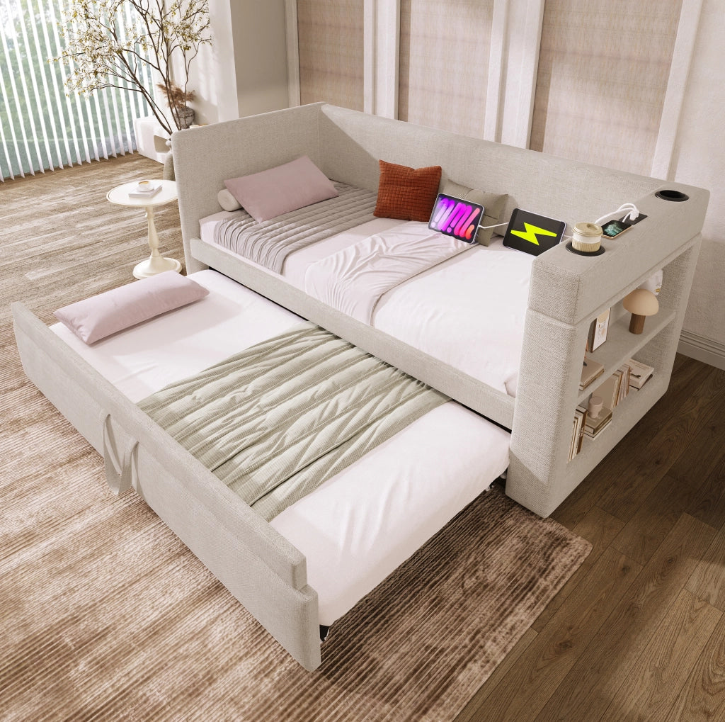 Divano letto 90x190 cm beige in misto cotone e lino, letto estraibile con ricarica USB