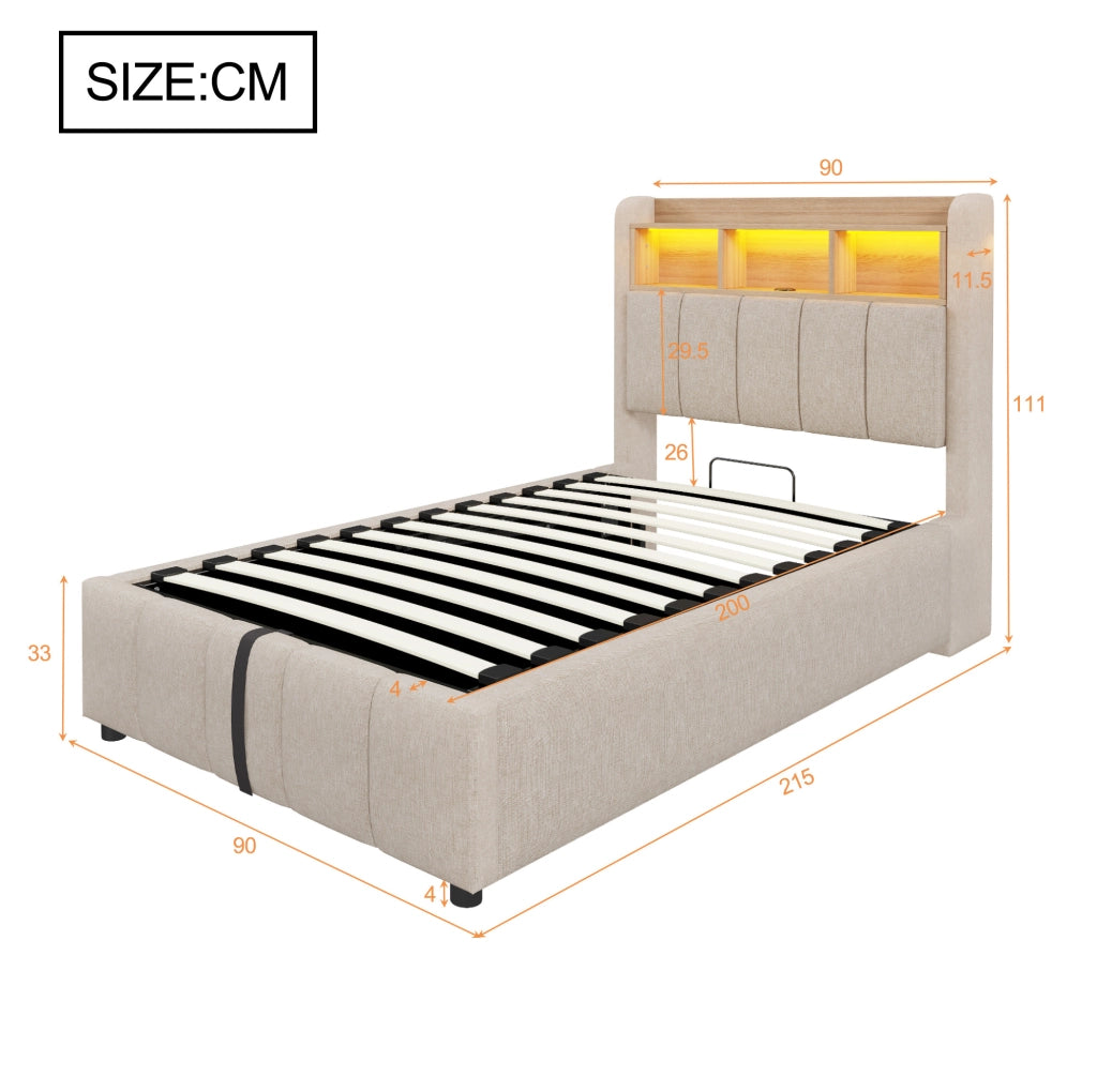 Letto imbottito 90x200 cm con LED, USB-C e vano contenitore