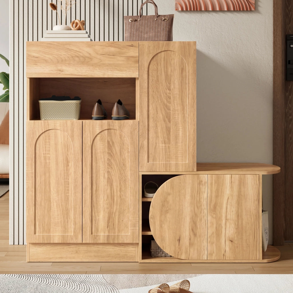 Scarpiera moderna con panca, 1 cassetto, 5 ante e ripiano aperto, grande capacità per ingresso, colore naturale, 130 × 35 × 110,5 cm