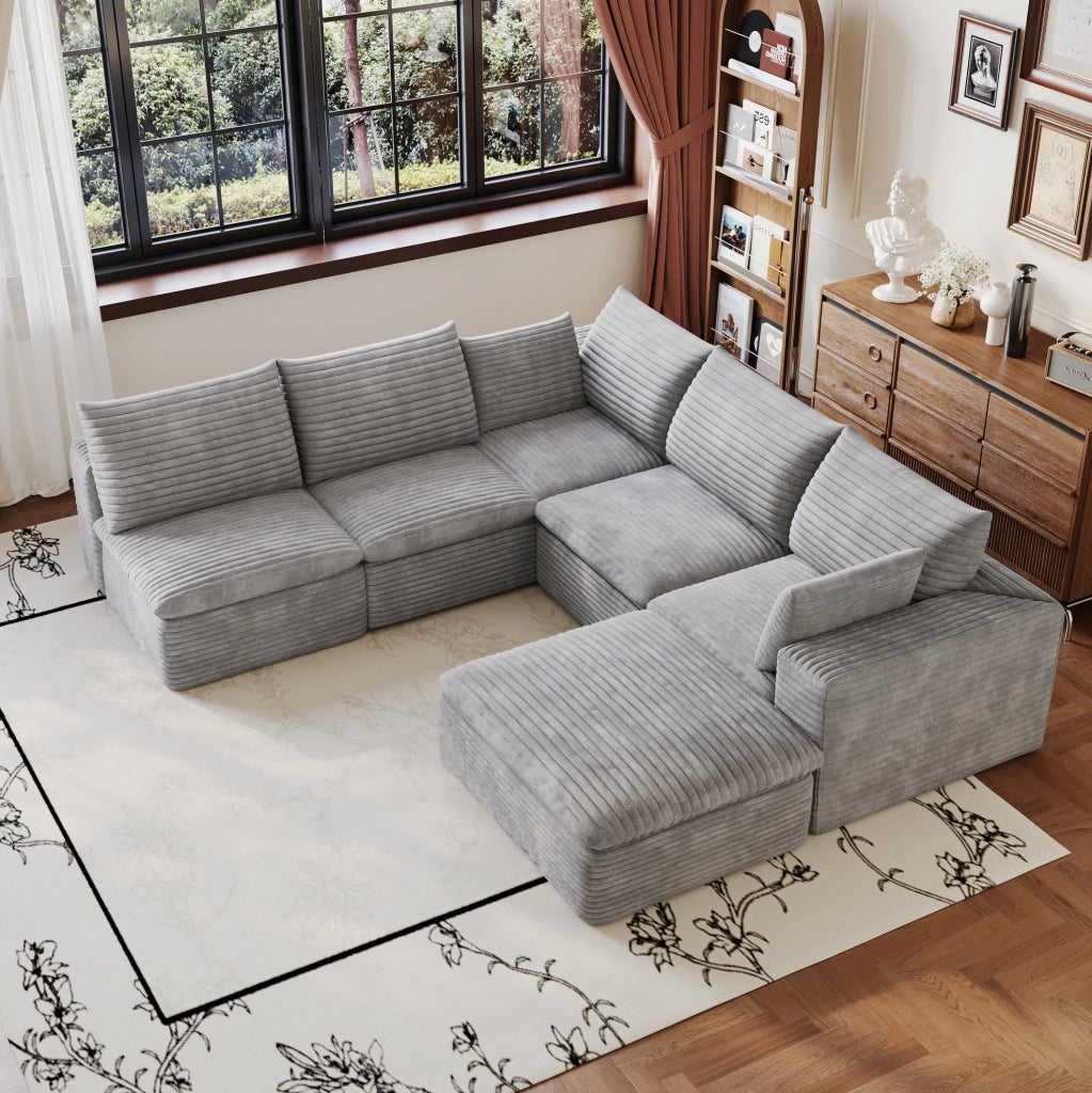 Divano modulare in tessuto di velluto a coste grigio scuro 260x250 cm con imbottitura sfoderabile e design a doppio strato