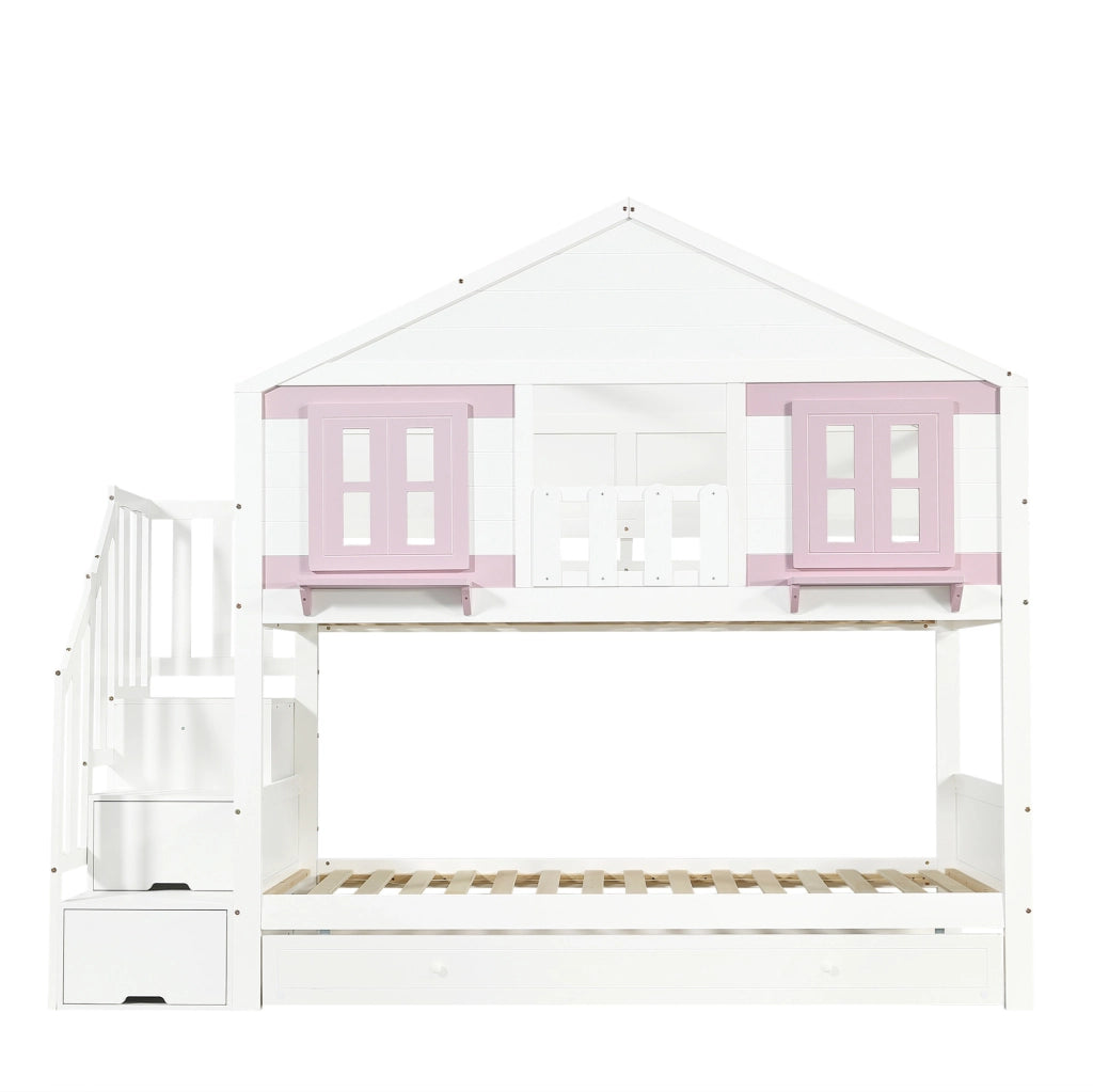 Letto a castello 90x200 cm bianco e rosa in legno e MDF, estraibile,
