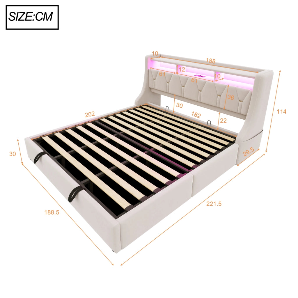 Letto contenitore 180 × 200 cm con testiera imbottita in velluto beige LED USB