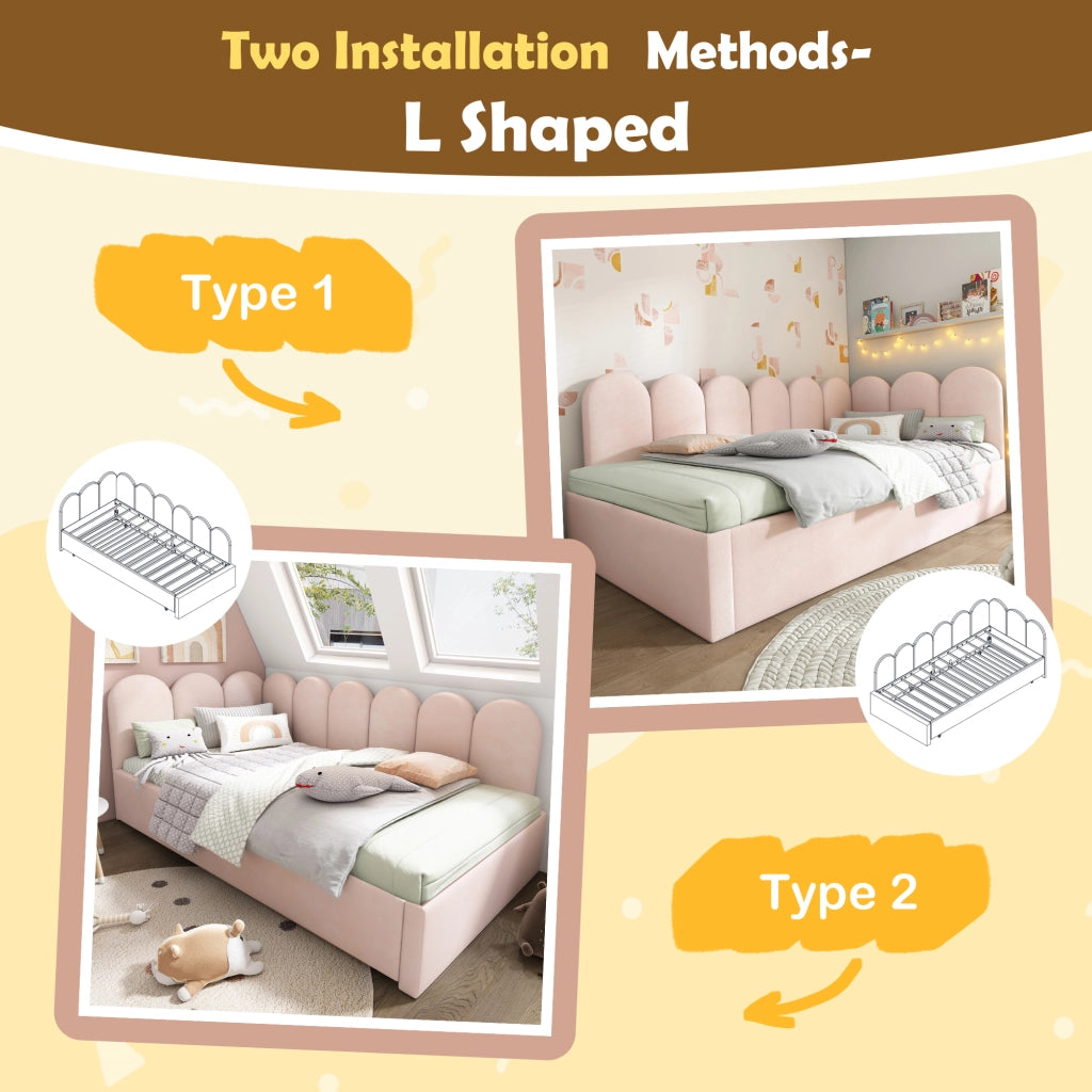 Letto con letto estraibile 90 × 200 cm con secondo letto 90 × 190 cm rivestito in velluto rosa con schienale imbottito