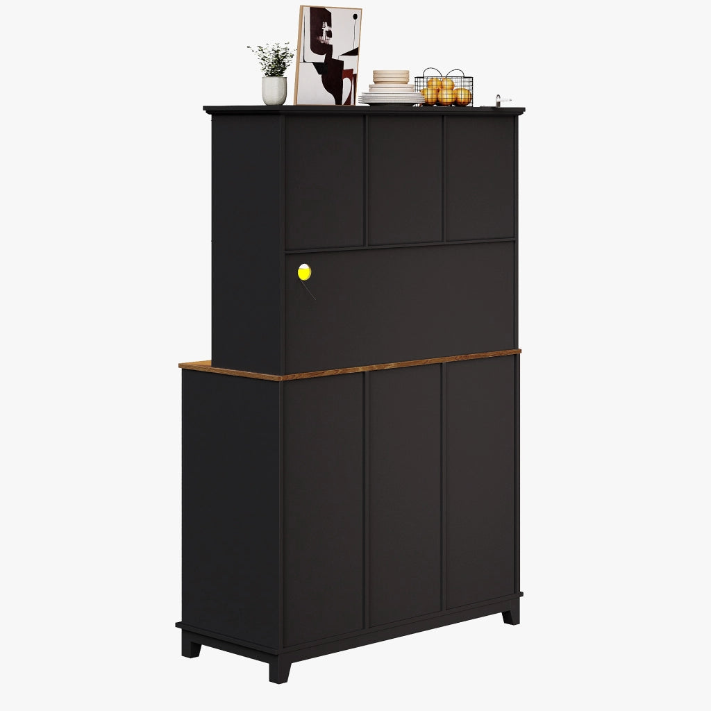 Credenza alta vetrina da cucina LED con 3 ripiani regolabili e portabottiglie, in MDF nero, 105 × 38.4 × 180 cm