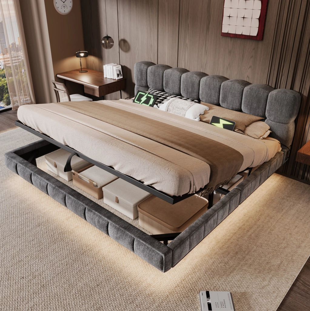 Letto imbottito 180x200 cm con contenitore, LED e USB, rivestimento in ciniglia grigio