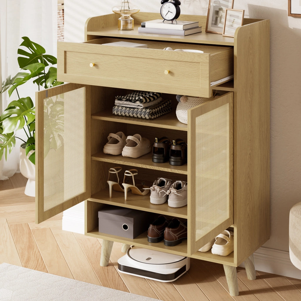 Mobile contenitore con ante, cassetto e ripiani in rovere chiaro 80x105x35 cm