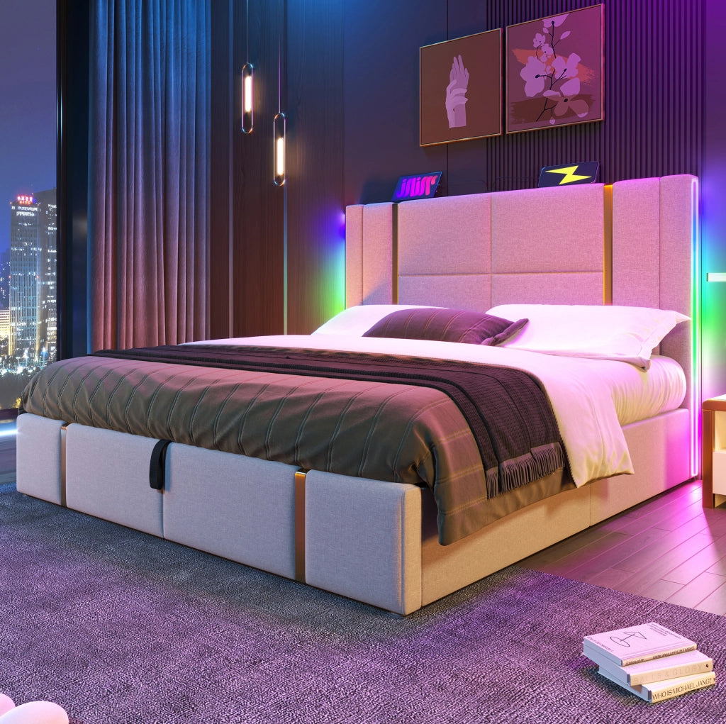 Letto imbottito beige 140 x 200 cm con LED, ricarica USB e Type-C