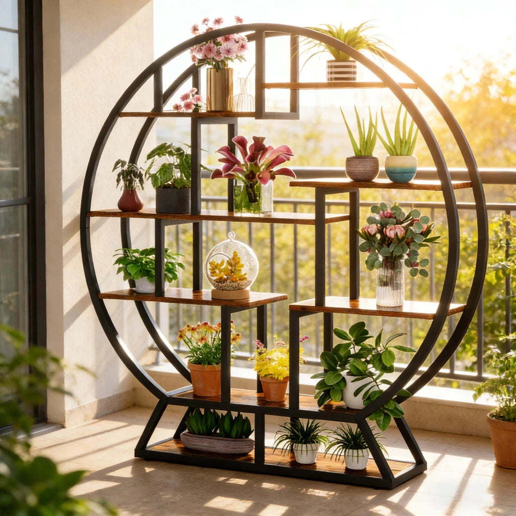 Scaffalatura per piante a 8 ripiani rotonda in metallo e pannelli truciolari nero marrone 150 × 30 × 158 cm