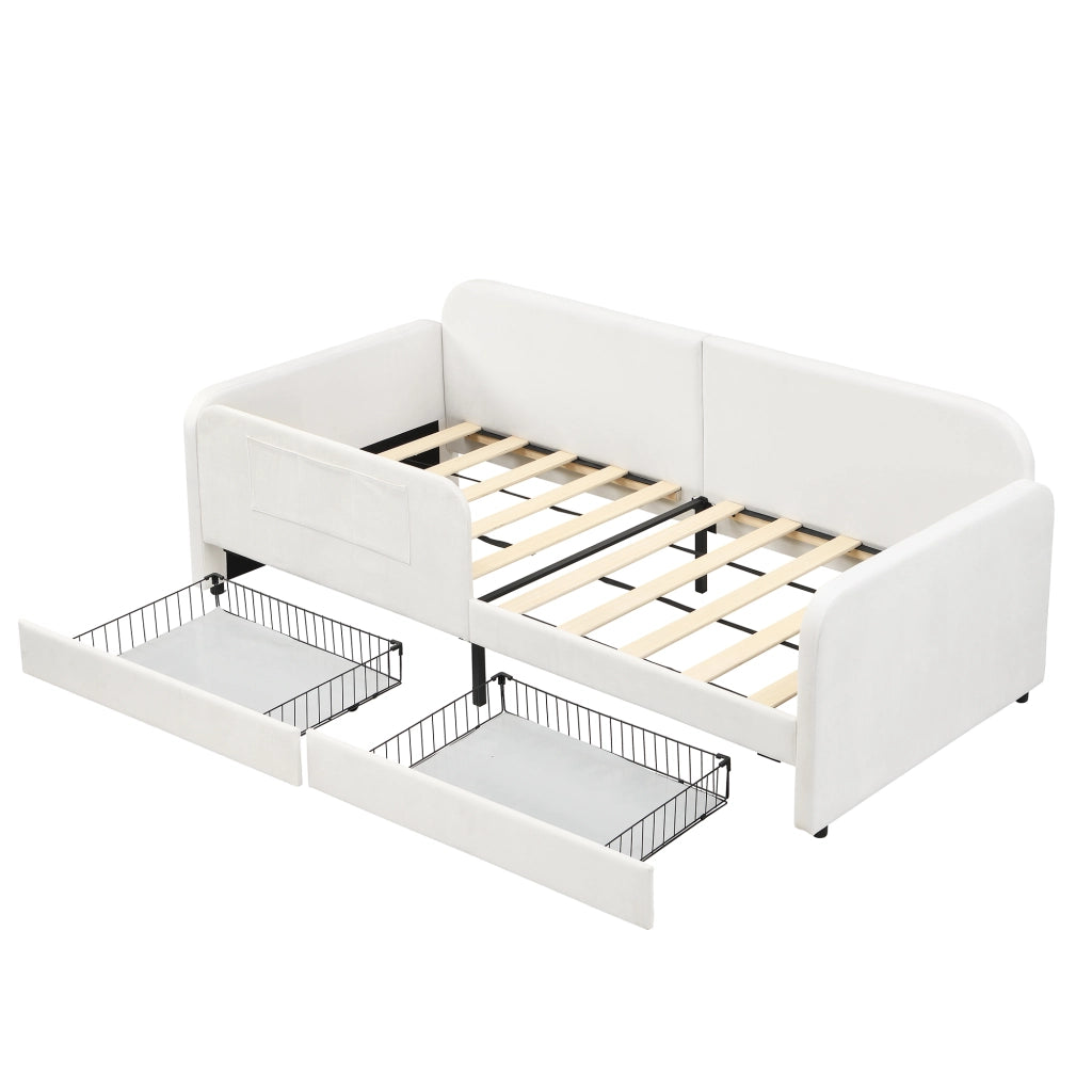 Letto per bambini singolo 90 × 200 cm con 2 cassetti e 3 tasche laterali, senza materasso, in velluto bianco