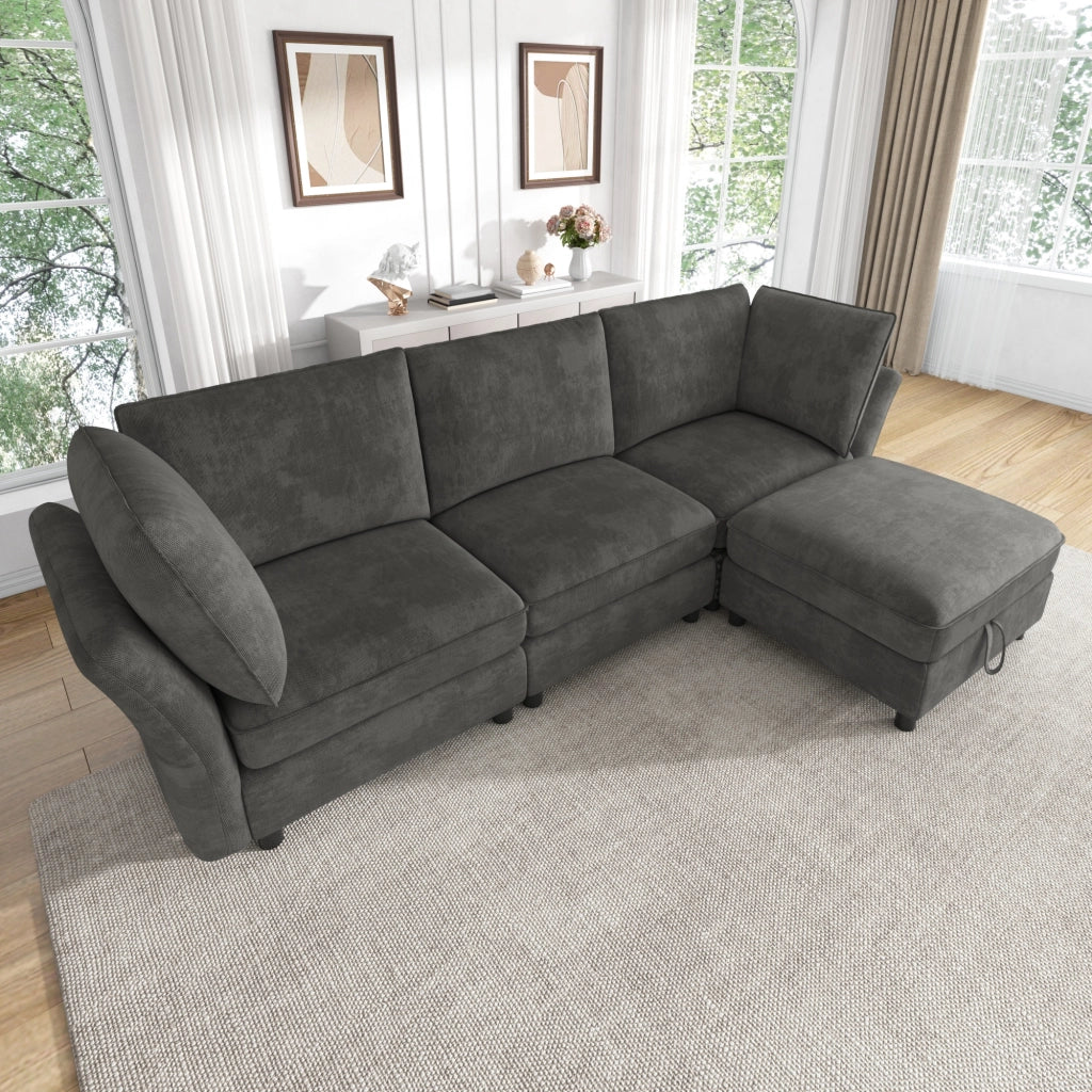 Divano angolare modulare da 4 a 5 posti in ciniglia grigio con pouf contenitore e 2 cuscini 225 × 137 × 84 cm