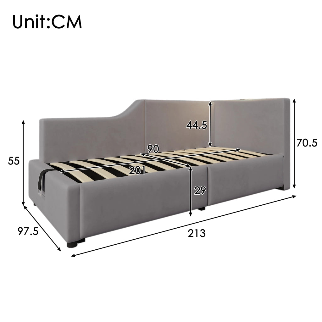 Letto contenitore 90 × 200 cm con rete a doghe idraulica rivestito in velluto grigio con luce da lettura USB-C