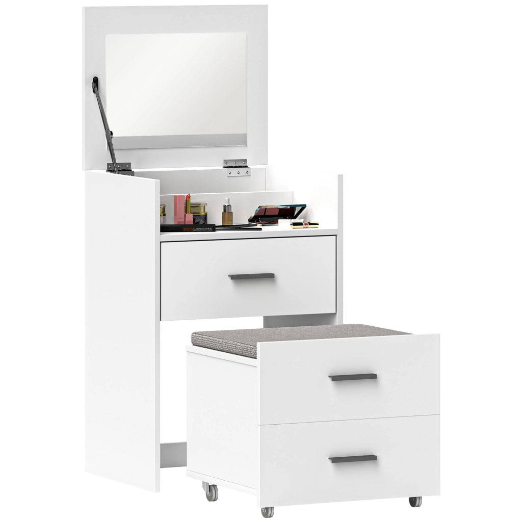 Coiffeuse avec miroir relevable et tabouret à roulettes, table de maquillage avec 2 tiroirs, coussin amovible, blanc